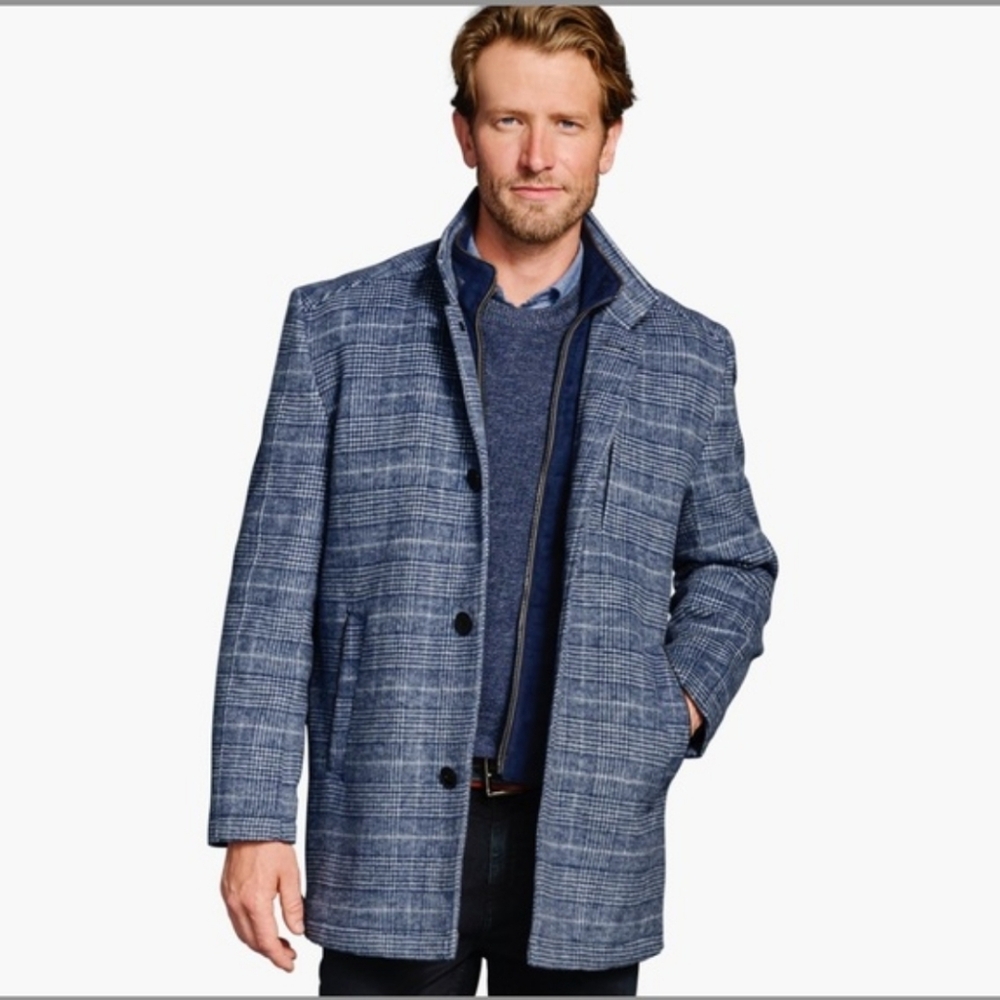 Johnston & Murphy Upton Men's Blue Plaid Wool-Blend Car Coat - Picture 5 of 8